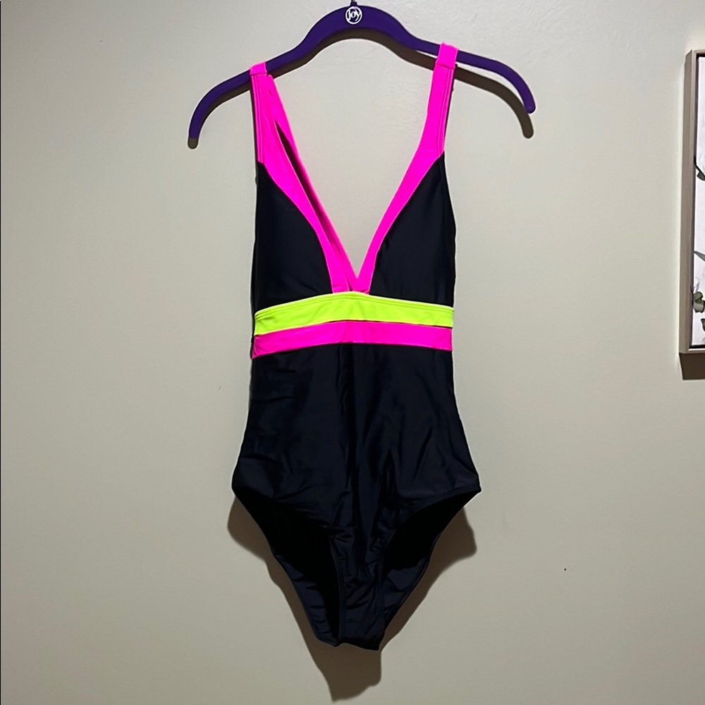 🌸3 for $10 SHEIN Black Swimsuit with Pink and Yellow Accents
